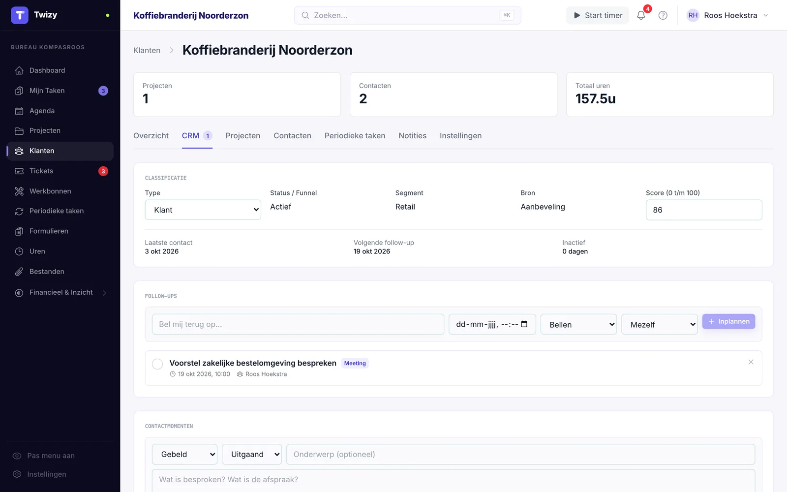 Klantbeheer in Twizy: klantkaart met contactmomenten en geplande follow ups