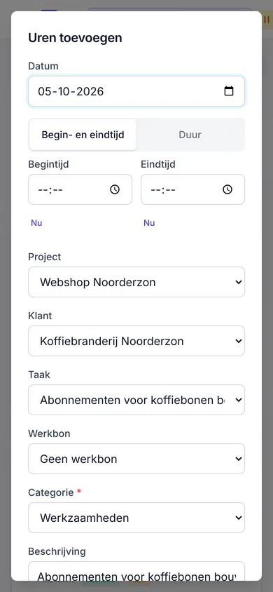 Uren schrijven op de telefoon in Twizy, met project en taak al ingevuld