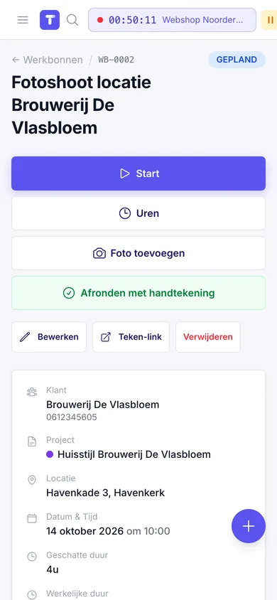 Werkbon op de telefoon in Twizy met knoppen voor starten, uren, foto en afronden