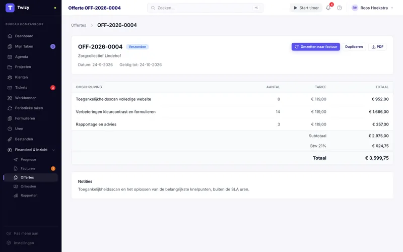 Offerte in Twizy met regels, aantallen, uurtarief, btw en totaalbedrag